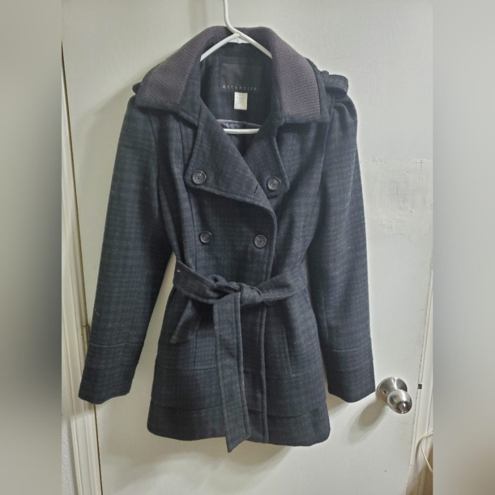 Womens S Grey&Black Plaid Wool Blend Peacoat By "Attention"